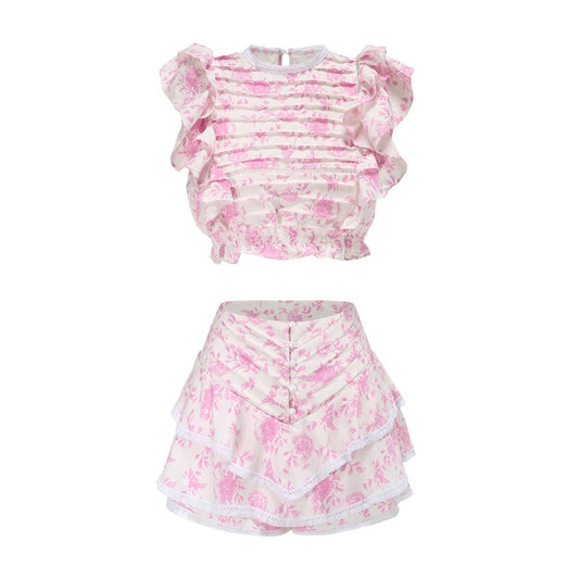 Print Ruffled Women Set-Elastic Waistband Cropped Top With Ruffle Mini Shorts