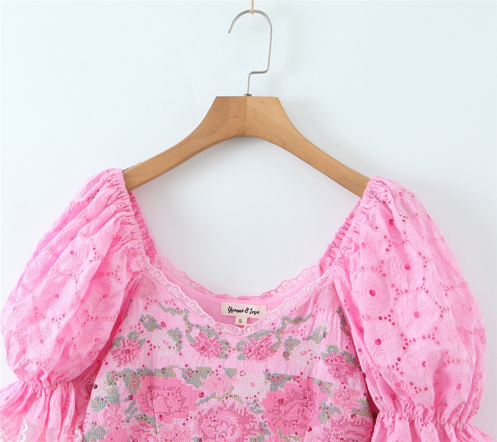 Hollow Out Embroidery Pink Patchwork Ruffled Mini Dress
