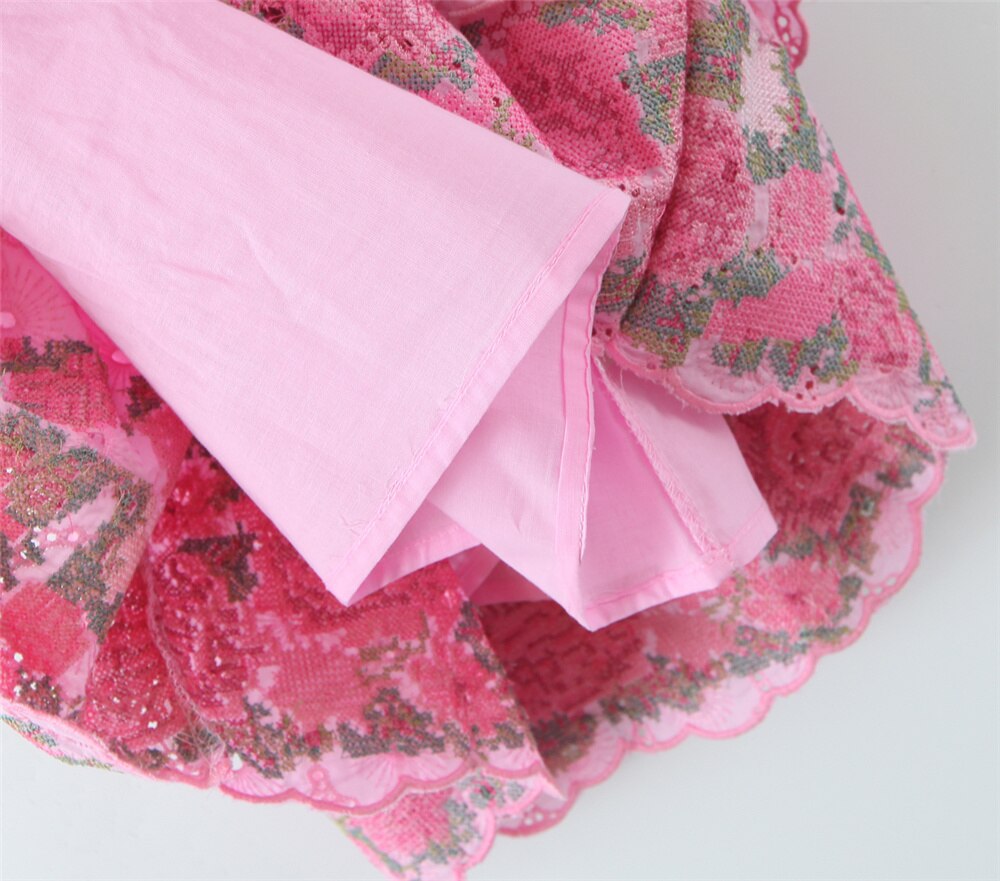 Hollow Out Embroidery Pink Patchwork Ruffled Mini Dress
