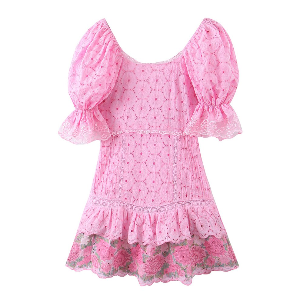 Hollow Out Embroidery Pink Patchwork Ruffled Mini Dress