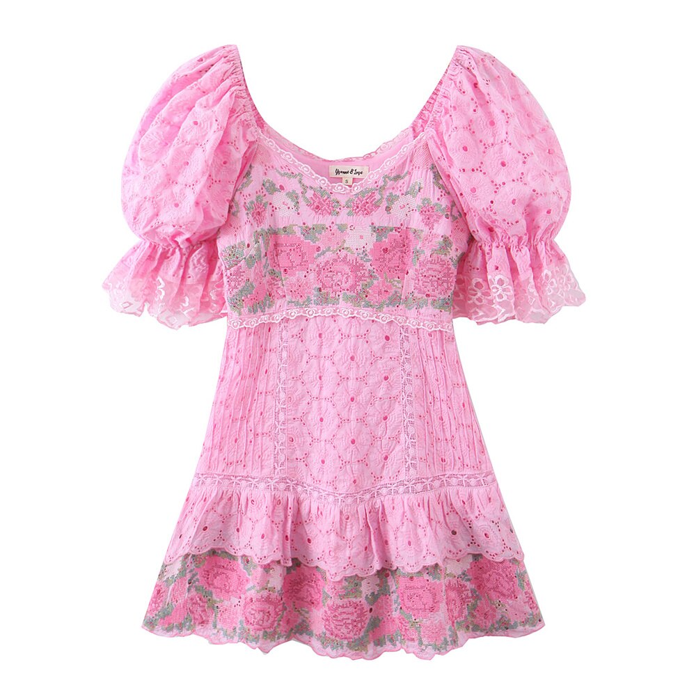 Hollow Out Embroidery Pink Patchwork Ruffled Mini Dress