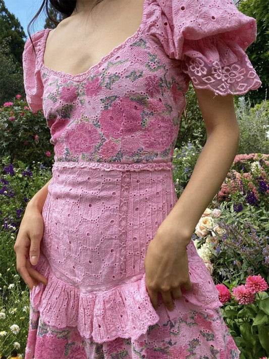 Hollow Out Embroidery Pink Patchwork Ruffled Mini Dress