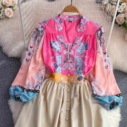 Vintage Print Palace Women Long Sleeve Ladies Party Long Dress