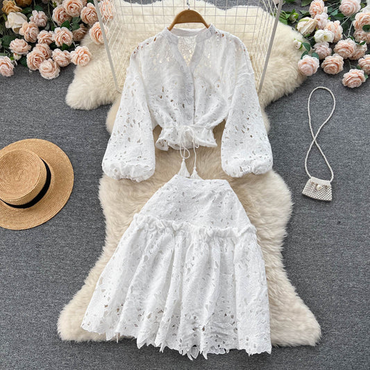 Lantern Sleeve Hollow Out Blouse and Skirts Women Sets