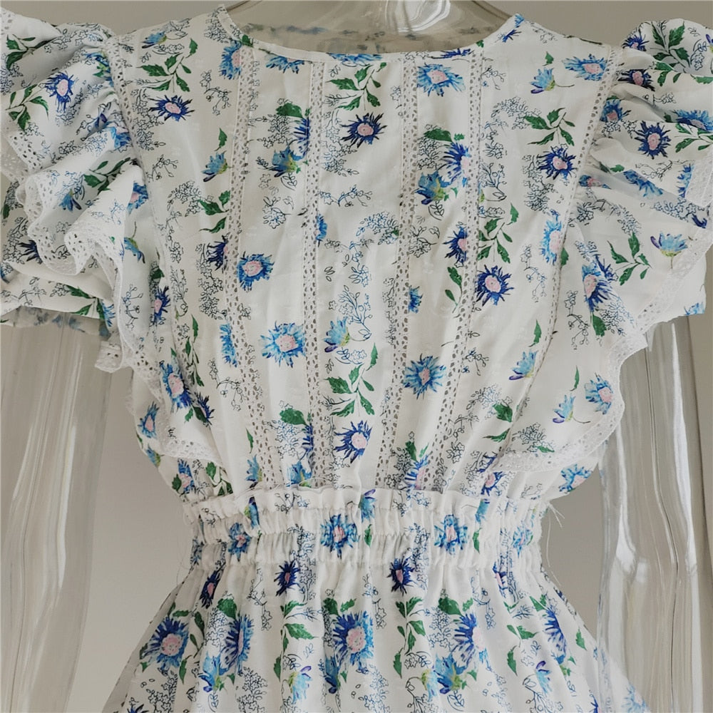 Blue Print Ruffled Short Sleeve Natasha Mini Dress