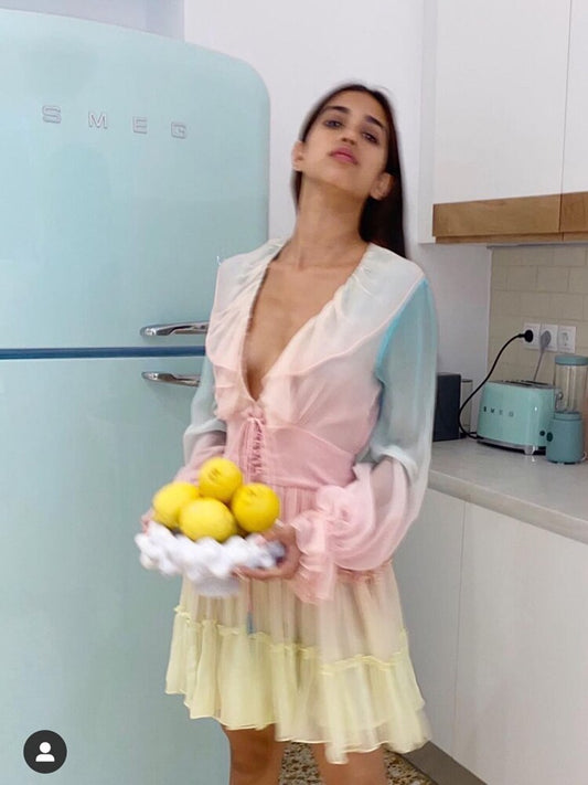 Long Sleeve V-neck Colorful Ruffled A-line Mini Dress