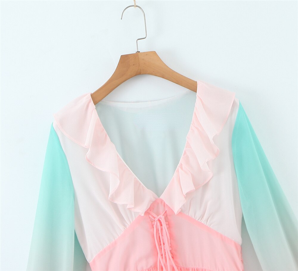 Long Sleeve V-neck Colorful Ruffled A-line Mini Dress