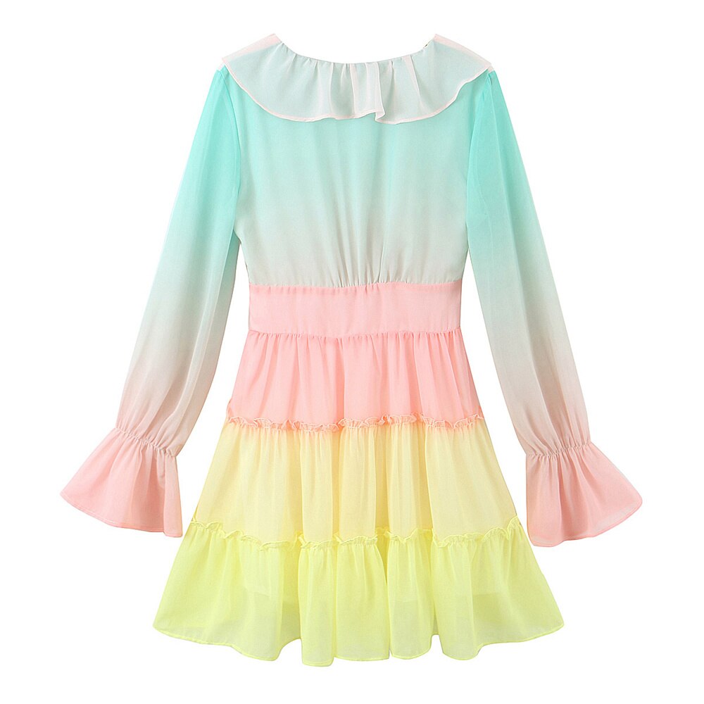 Long Sleeve V-neck Colorful Ruffled A-line Mini Dress