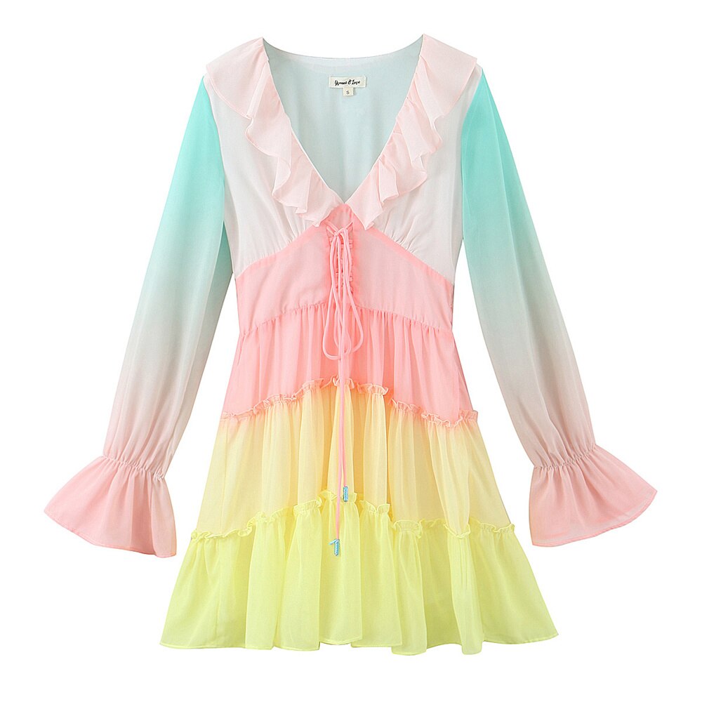 Long Sleeve V-neck Colorful Ruffled A-line Mini Dress