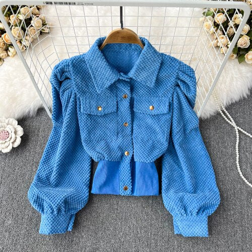 Soild Turn-down Collar Puff Sleeve Single Breasted with Pocket Ladies Jacket