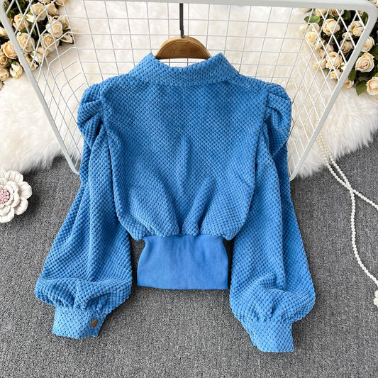 Soild Turn-down Collar Puff Sleeve Single Breasted with Pocket Ladies Jacket