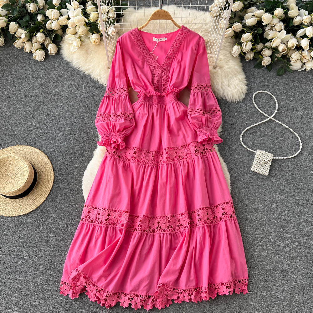 Vintage Elegant V-neck Hollow Out Soild Floral Women Dress