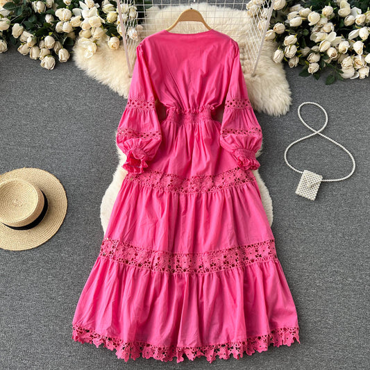 Vintage Elegant V-neck Hollow Out Soild Floral Women Dress