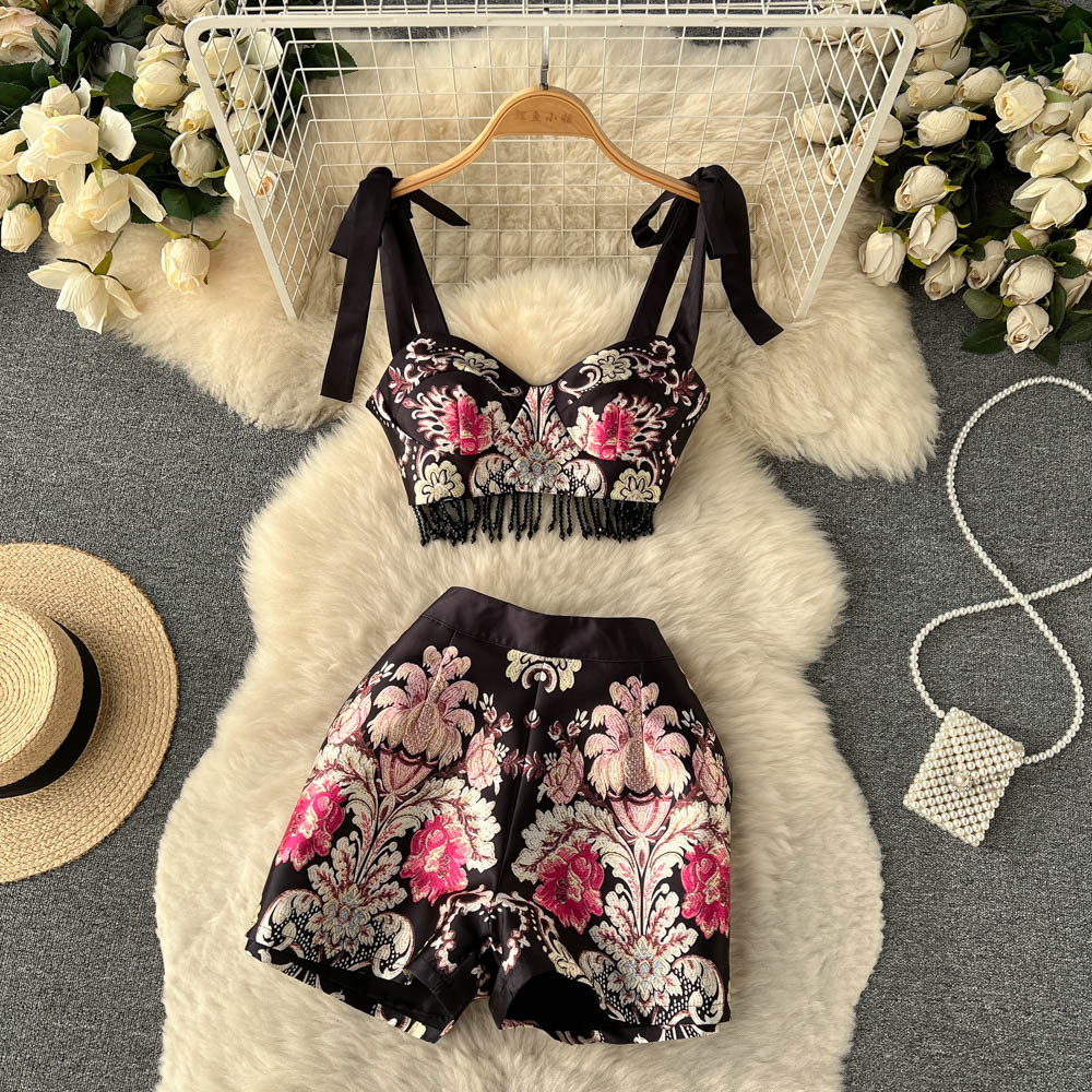 New Print Zipper Tassel Retro Sexy Slim Women Two Piece Sets