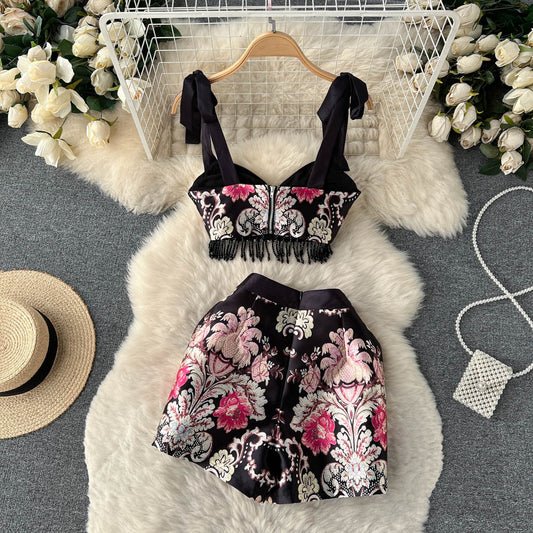 New Print Zipper Tassel Retro Sexy Slim Women Two Piece Sets