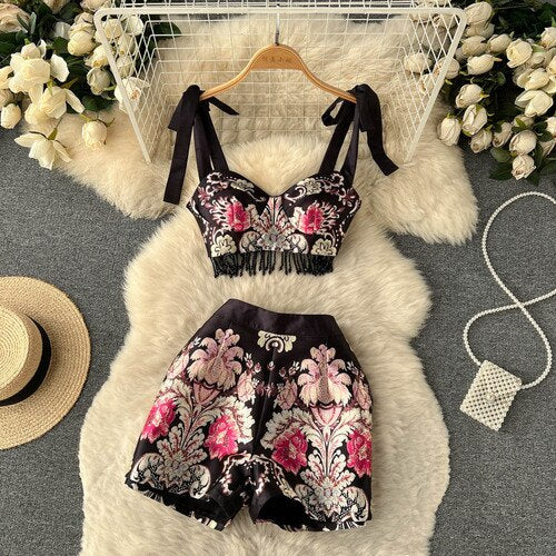 New Print Zipper Tassel Retro Sexy Slim Women Two Piece Sets