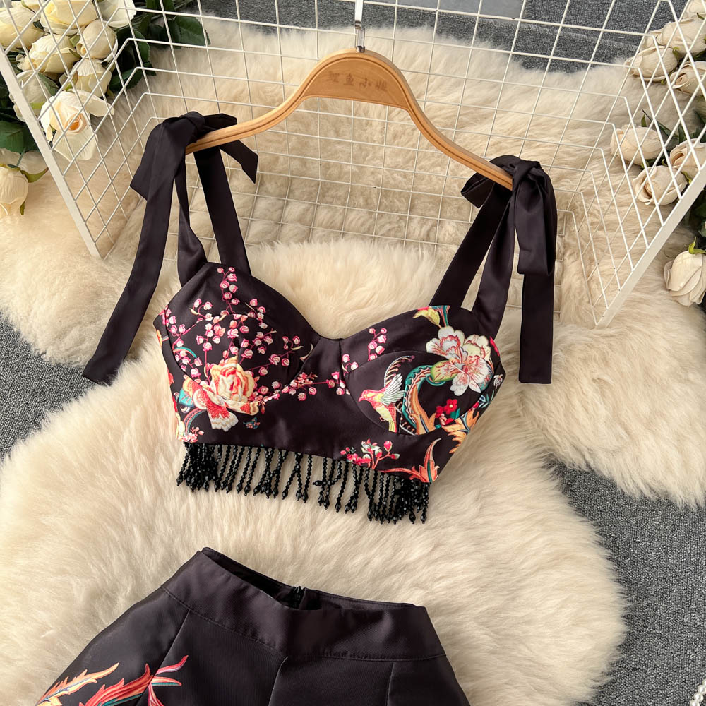 New Print Zipper Tassel Retro Sexy Slim Women Two Piece Sets