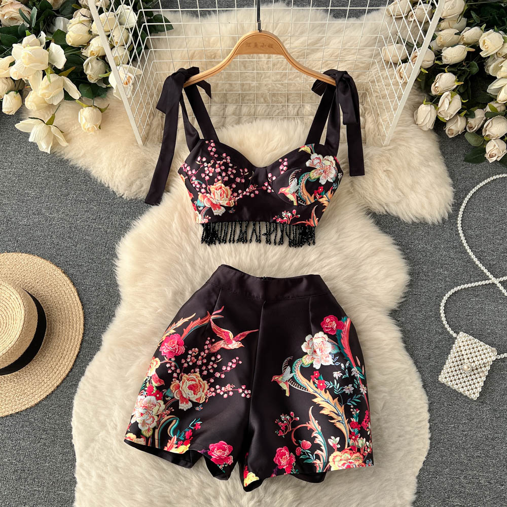 New Print Zipper Tassel Retro Sexy Slim Women Two Piece Sets