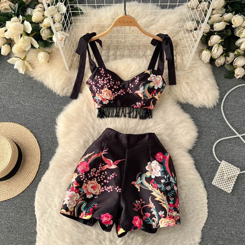 New Print Zipper Tassel Retro Sexy Slim Women Two Piece Sets