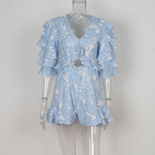 Blue V-neck Sexy Backless Ruffle Playsuit Rompers