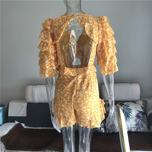 V-neck Backless Yellow Jumpsuit