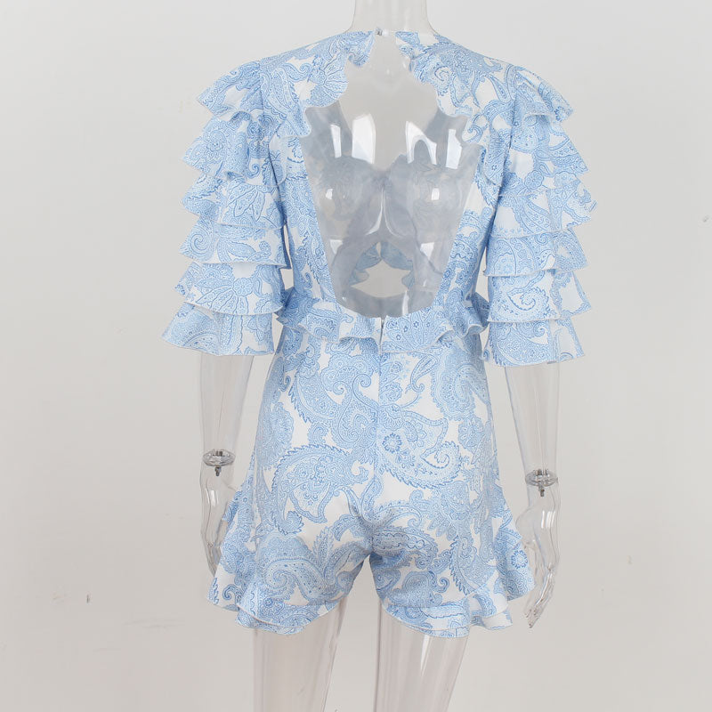 Blue V-neck Sexy Backless Ruffle Playsuit Rompers