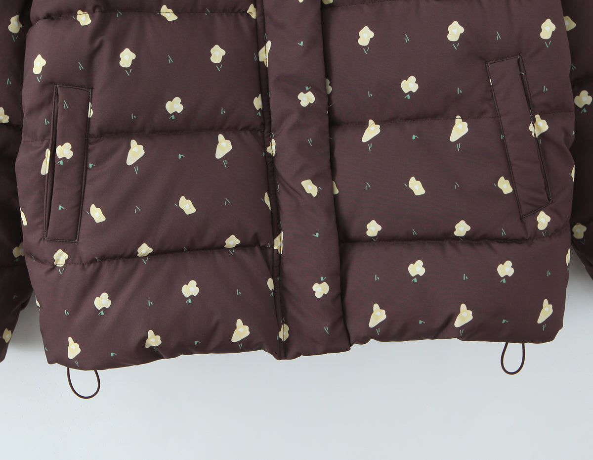 Hooded Flower Printed Women's Cotton Coat