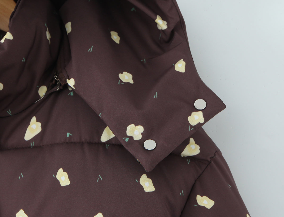 Hooded Flower Printed Women's Cotton Coat