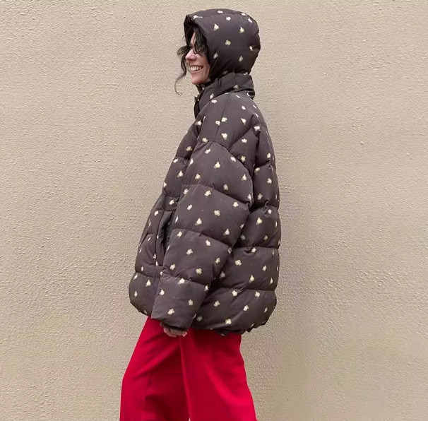 Hooded Flower Printed Women's Cotton Coat