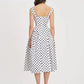 Back view of White Polka Dot Midi Dress, Invisible Zipper and Flared Skirt