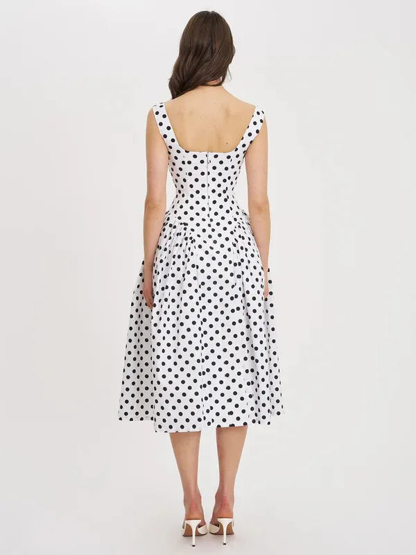 Back view of White Polka Dot Midi Dress, Invisible Zipper and Flared Skirt