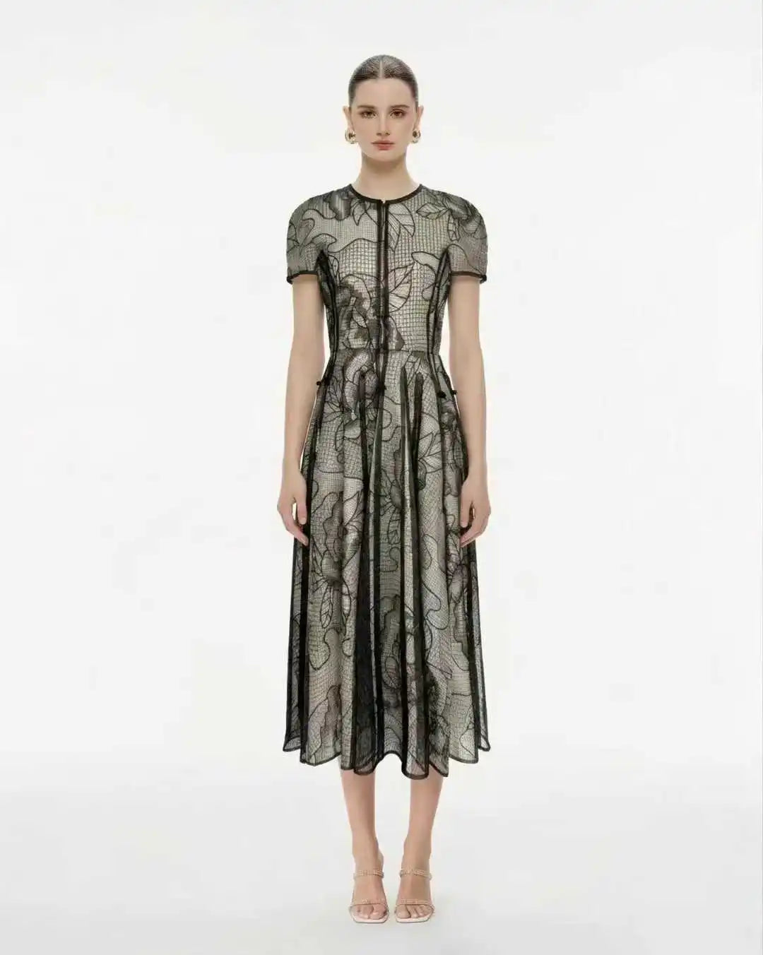 Black Sheer Floral Lace Midi Dress, Short Puff Sleeve Formal Dress for Women