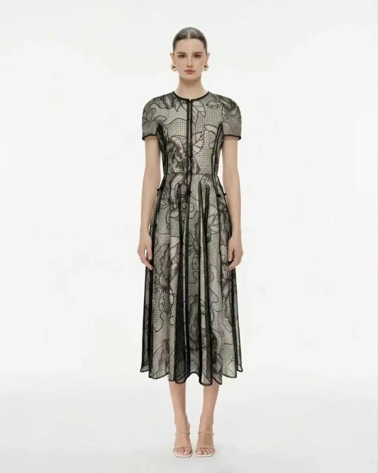 Black Sheer Floral Lace Midi Dress, Short Puff Sleeve Formal Dress for Women