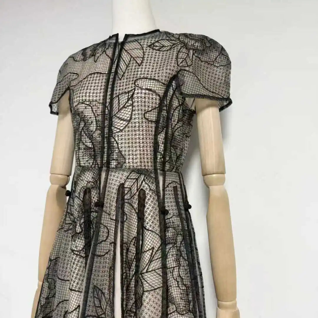 Floral Lace Embroidery Detail of Sheer Midi Dress, Short Puff Sleeve and Flared Skirt