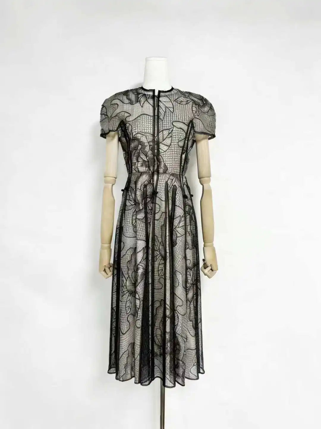 Front view of Black Lace Midi Dress, Sheer Mesh and Floral Embroidery Design