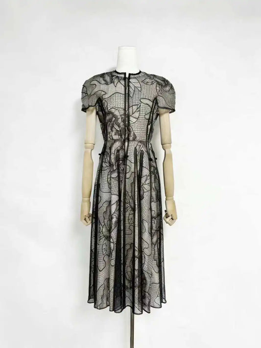 Front view of Black Lace Midi Dress, Sheer Mesh and Floral Embroidery Design