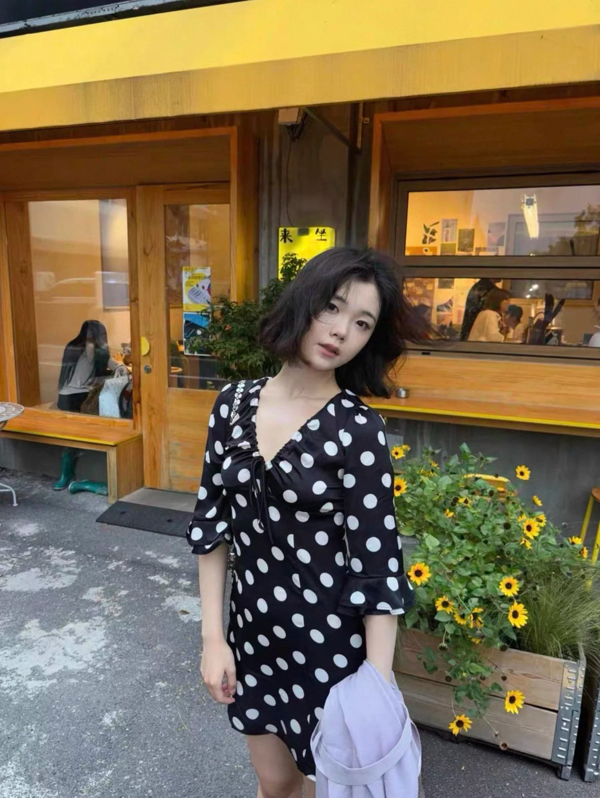 Polka Dot V-Neck Ruffle Sleeve Mini Dress