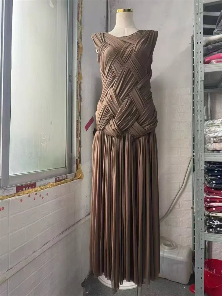 O-neck Sleeveless Knitting Slim Defied Waist Long Dress Knitted Split Holiday Autumn Dress