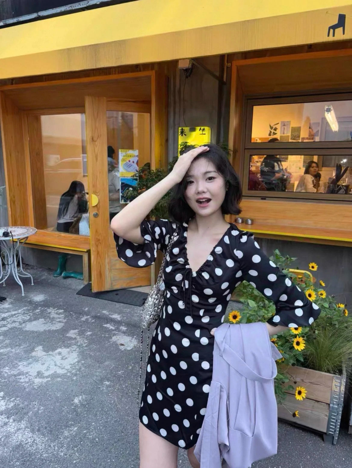 Polka Dot V-Neck Ruffle Sleeve Mini Dress