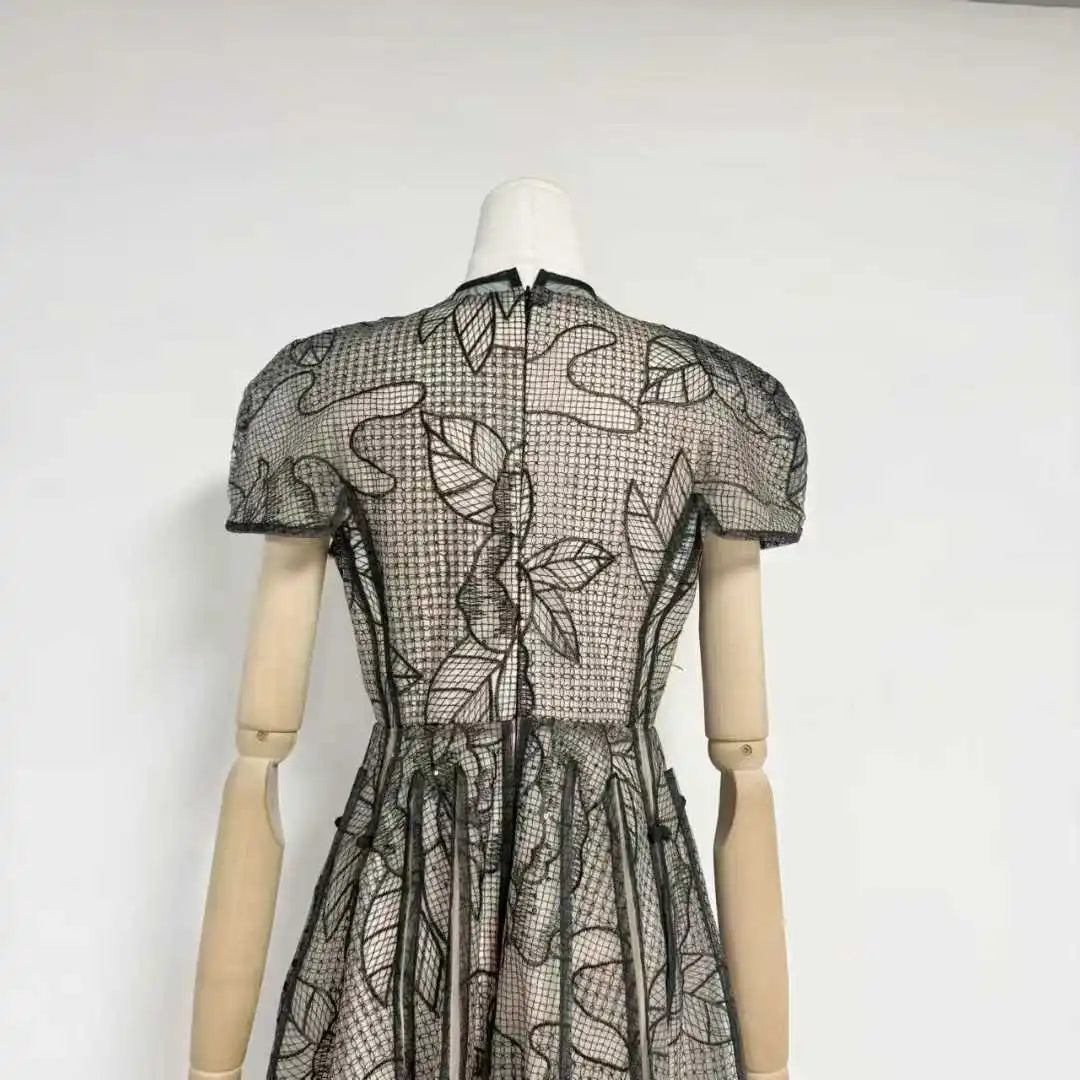 Sheer Black Floral Lace Short Sleeve Midi Dress