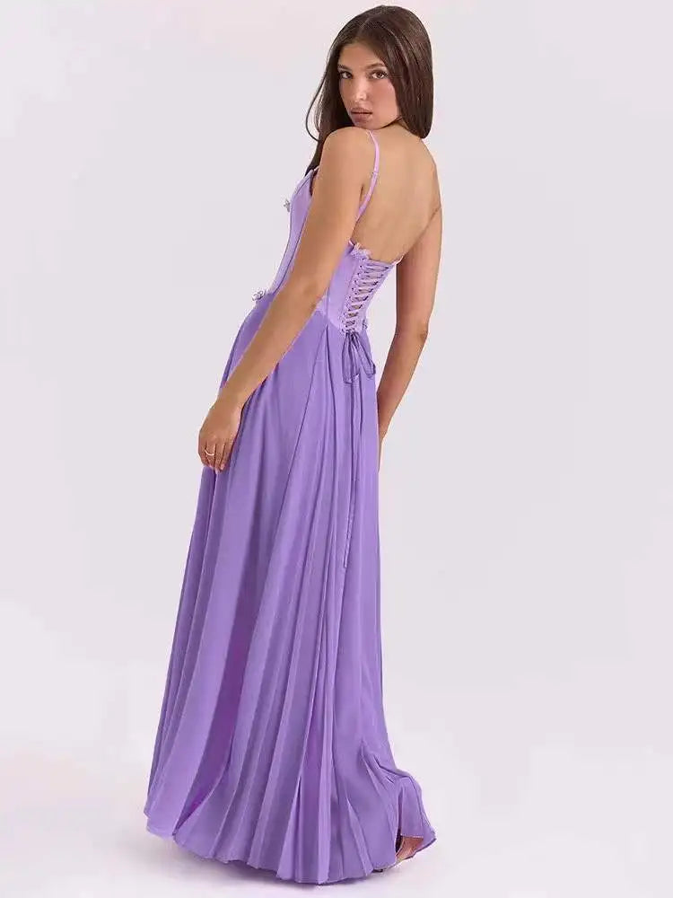 Butterfly Applique Corset Chiffon Maxi Dress