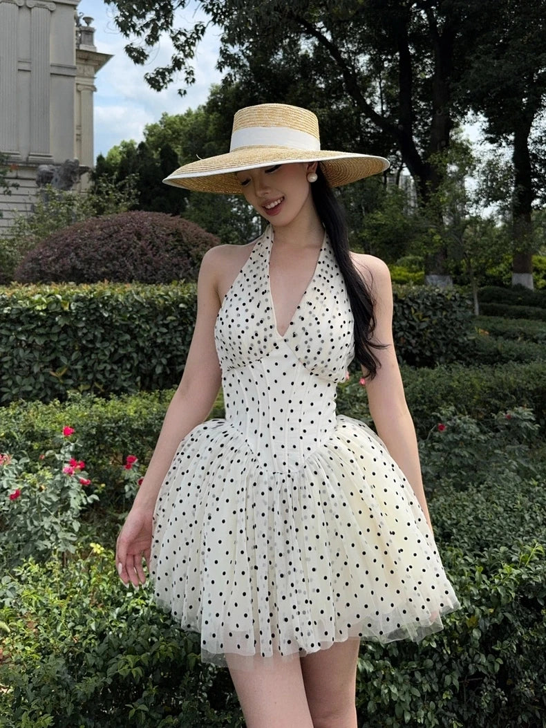 Polka Dot Halter Corset Tulle Mini Dress