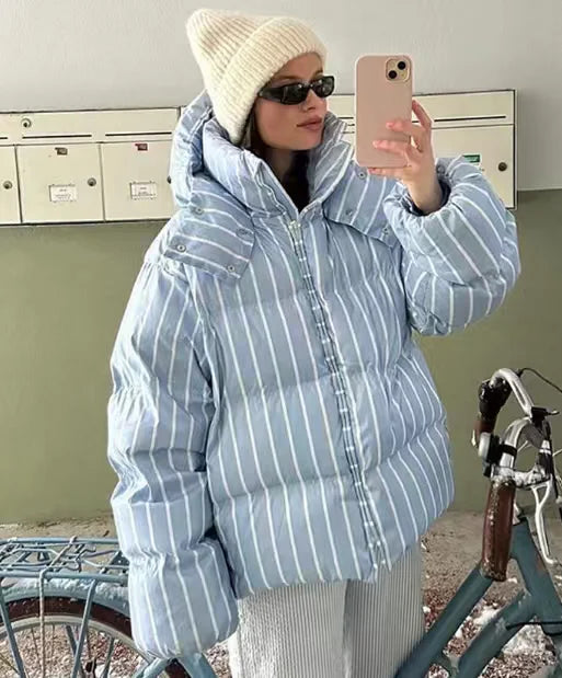 New Autumn Winter Hooded Quilted Striped Jacket Women Coat