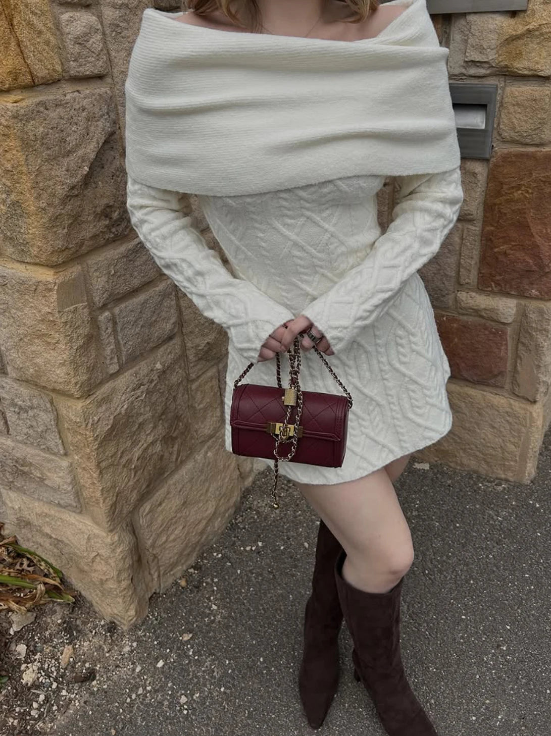 Knitted Solid Full Sleeve Striped Slash Neck Mini Dress