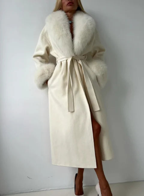 Solid Full Sleeve Feathers With Belt Long Trench Coat