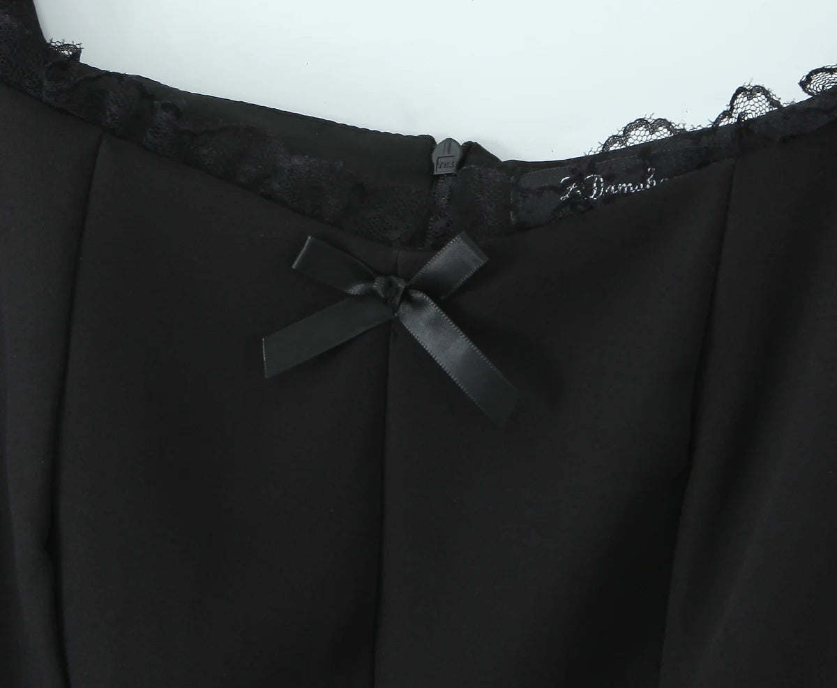 Lace Trim Bow Square Neck Fit-and-Flare Mini Dress