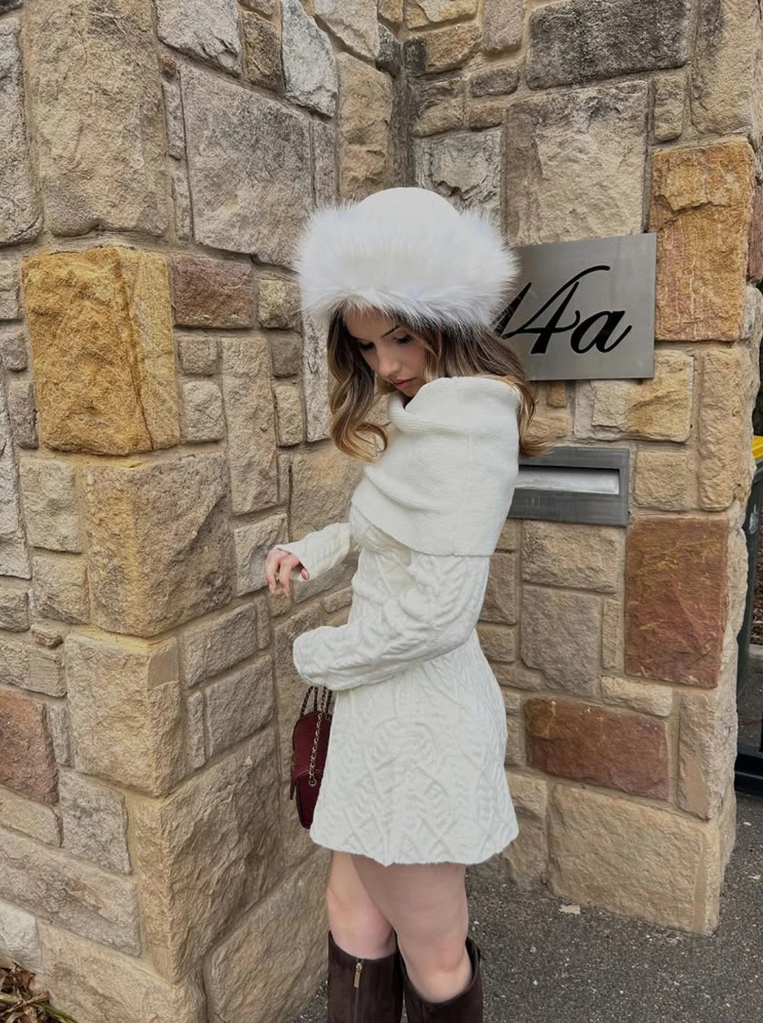 Knitted Solid Full Sleeve Striped Slash Neck Mini Dress