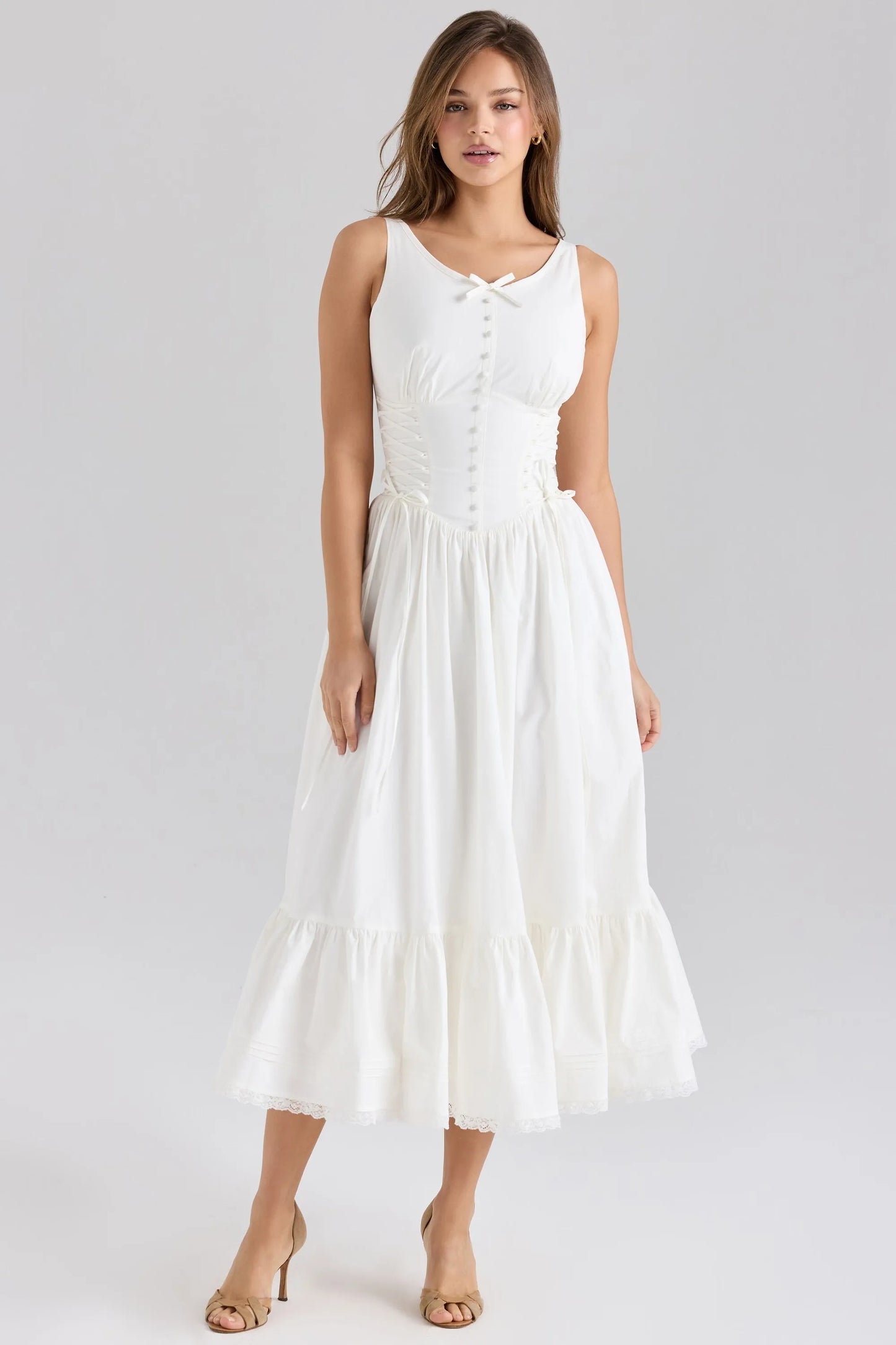 White Corset Lace-Up Tiered Midi Dress