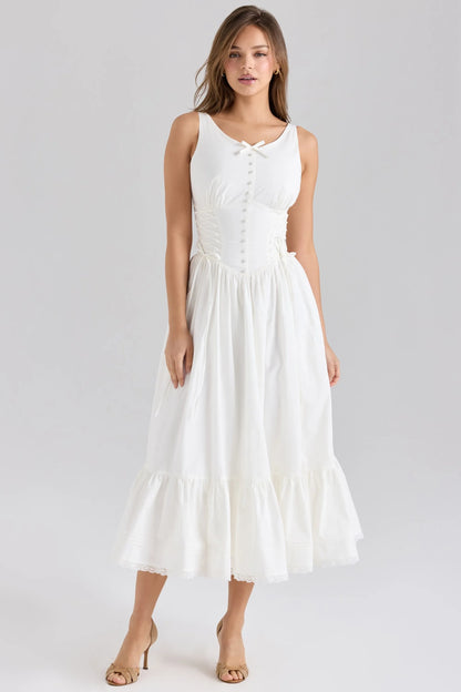 White Corset Lace-Up Tiered Midi Dress