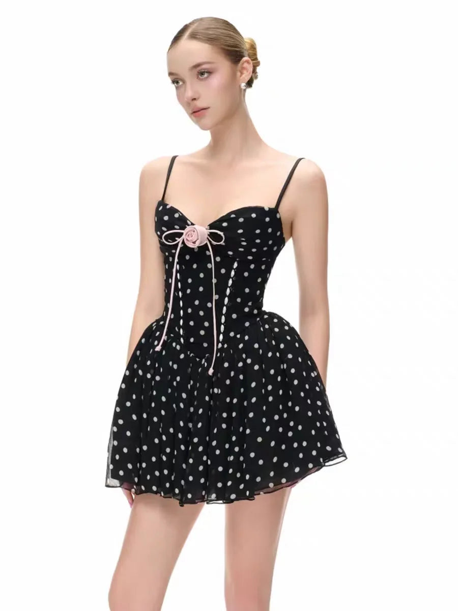 Polka Dot Corset Mini Dress with Pink Rose Applique